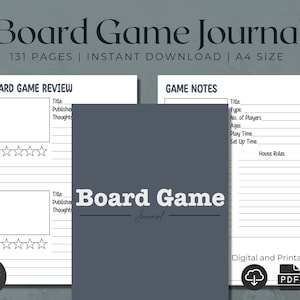 Op de afbeelding: Een printbaar bordspeljournaal met 131 pagina's. Het journaal heeft een zwart-wit ontwerp met een grijze omslag waarop "Board Game Journal" staat.