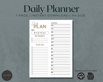 May include: A black and white daily planner printable with the text "Daily PLAN" in brown lettering. The planner includes sections for "SCHEDULE", "MTWTFSS", "TOP PRIORITY", and "TO DO LIST". The planner is labeled "Digital and Printable" and includes a PDF icon.