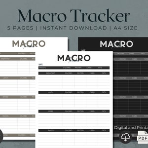 May include: Printable macro tracker with five pages, featuring a black and white design with a gray and white design. The tracker includes sections for date, targets, breakfast, lunch, dinner, snacks, and notes. The text "Macro Tracker" is at the top of the page, along with the text "Digital and Printable" and a PDF icon.