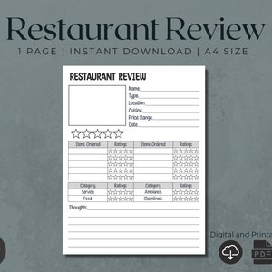 デジタルレストランレビューテンプレート | レビュージャーナル | 印刷可能なレストラン | 食品レビュージャーナル | グルメレビュー | レビューを書く