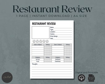 Digital Restaurant Review Template | Review Journal | Printable Restaurant | Food Review Journal | Foodie Reviews | Write a Review