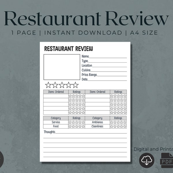 Digital Restaurant Review Template | Review Journal | Printable Restaurant | Food Review Journal | Foodie Reviews | Write a Review