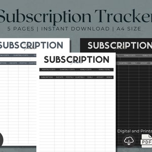 May include: A printable subscription tracker with five pages. The tracker has columns for subscriptions, due date, monthly costs, quarterly costs, yearly costs, yearly total, amount, and renew. The tracker is available in A4 size.