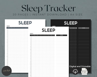 May include: A printable sleep tracker with 20 pages in A4 size. The tracker has a grid for recording sleep hours and a notes section. The design is black and white with the word "SLEEP" in bold letters.