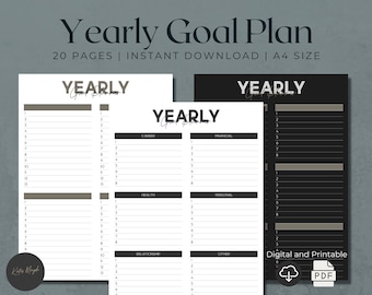 May include: A printable yearly goal planner with 20 pages. The planner is divided into sections for career, financial, health, relationships, personal, and other goals. The planner is available in black and white.