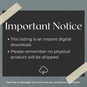 Może przedstawiać: Czarno-białe ogłoszenie z tekstem "Important Notice" i dwoma punktami. Pierwszy punkt m&oacute;wi "This listing is an instant digital download." Drugi punkt m&oacute;wi "Please remember no physical product will be shipped." Pod tekstem znajduje się chmura z w d&oacute;ł skierowaną strzałką. Pod chmurą znajduje się tekst "Feel free to message me if you have any questions or concerns."