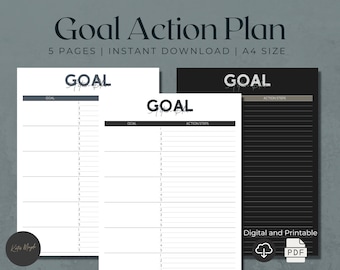 May include: A printable goal action plan with five pages. The pages are black and white with the word "GOAL" in bold at the top of each page. The pages are designed to help you set goals and track your progress.