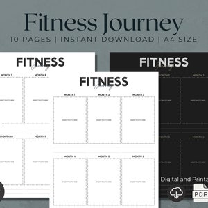 May include: A fitness journal titled "Fitness Journey" with a modern design. The journal is available in black and white, with spaces for photos and progress tracking over 10 months. The text "Digital and Printable" is also included.