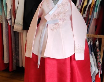 Age 8, Pink Red Hanbok girl, Korean traditional costume for girls