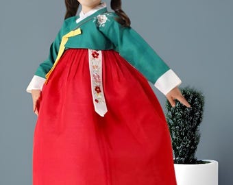 Age 5-6, Green Red Hanbok girl, Korean traditional costume for girls, kids Hanbok