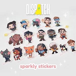 May include: A collection of sparkly stickers featuring various cartoon characters. The stickers showcase a variety of designs, including people and animals. The word "DISPATCH" is at the top, and "sparkly stickers" is at the bottom.