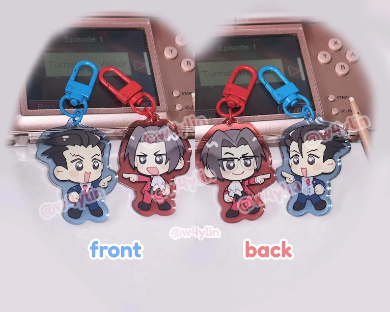 cute keychains of phoenix wright and miles edgeworth from ace attorney, ace attorney dual destinies, ace attorney spirit of justice, ace attorney investigations