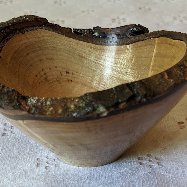 Spalted red oak bowl with natural bark edge