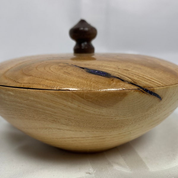 Wood bowl with lid turned from reclaimed ash with deep blue glitter highlights