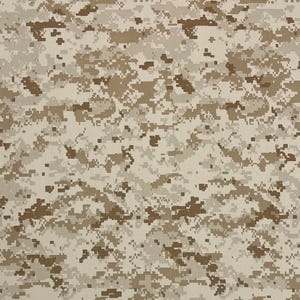 Peut inclure: Motif de camouflage num&eacute;rique dans les tons beige, marron et sable. Le motif pr&eacute;sente un effet pix&eacute;lis&eacute;, cr&eacute;ant un aspect mouchet&eacute;. Ce tissu convient &agrave; diverses applications, notamment les v&ecirc;tements et les accessoires.