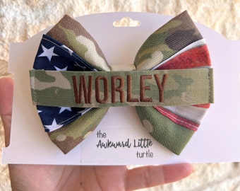 RWB Name Tape Bow, Military Bow, Personalized, Air Force Bow, Hair Accessories, Army, Baby Bow, Hand Tied, Handmade, Army Bow, 4th of July