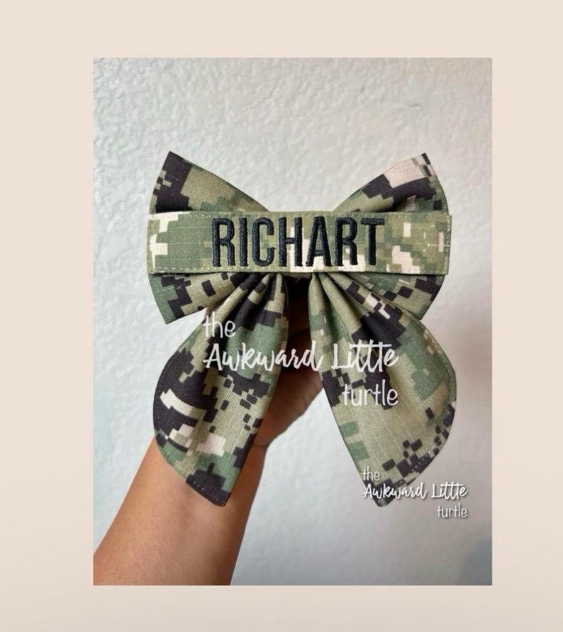 Name Tape Fable Bow, Military Bow, Hair Accessories, Marine Bow, Army, Baby Bow, OCP Bow, Handmade, Deployment Homecoming, Embroidery Bow Navy NWU III (Green)