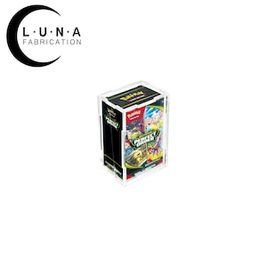 May include: A clear acrylic display case holding a box of Pokémon trading cards. The box features the text "PERFECT ORDER" and colorful graphics. The case is designed to protect and showcase the cards.