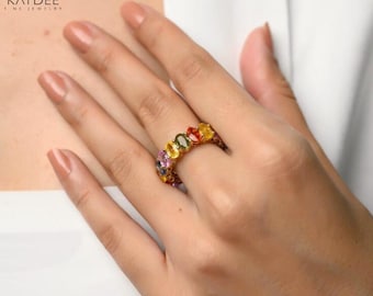 Rainbow Sapphire 14K Solid Gold Oval Cut Sapphire Ring Minimalist Rainbow Eternity Band Anniversary Ring Multicolor Gemstone Jewelry for Her