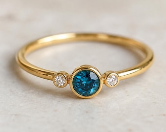 Blue Diamond Ring Three Stone Diamond Band 14K Solid Gold White Diamond Engagement Gift Fine Jewelry for Her