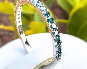 Teal Blue Diamant Eternity Ring 14K Gold Natürliche Blaue Diamant Band 1,8 mm Ultra dünne stapelbar Hochzeit Ring Jahrestag Geschenk