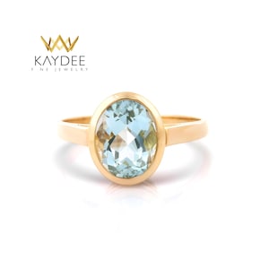Ready to Ship. Natural Aquamarine Ring 14K Gold Oval Aquamarine Solitaire March Birthstone Jewelry Gift for Her Bezel Set Gemstone Ring