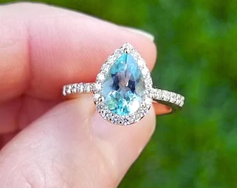 Pear Aquamarine Ring 14K Gold 0.79ct Aquamarine Diamond Halo March Birthstone Engagement Ring Gift for Her