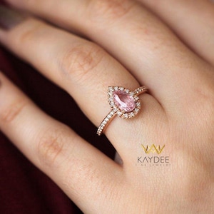 Pink Sapphire and Diamond Halo Engagement Ring Gold Vintage Bridal Ring September Birthstone Fine Jewelry Elegant Wedding Ring for Her