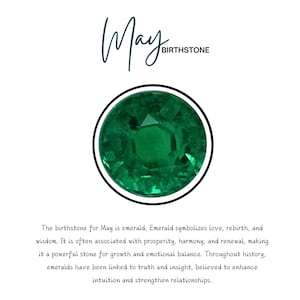Op de afbeelding: Een levendige groene smaragd, de geboortesteen voor mei, tegen een witte achtergrond. Het woord "May" staat in cursief boven de edelsteen, met "BIRTHSTONE" eronder.