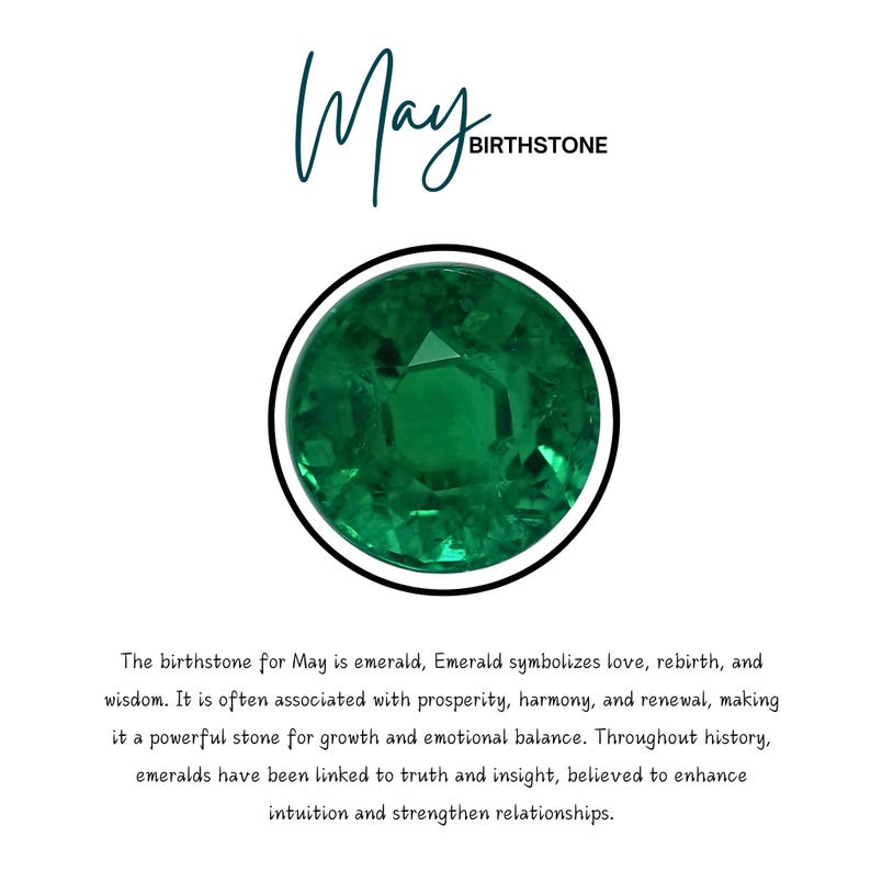 Op de afbeelding: Een levendige groene smaragd, de geboortesteen voor mei, tegen een witte achtergrond. Het woord "May" staat in cursief boven de edelsteen, met "BIRTHSTONE" eronder.