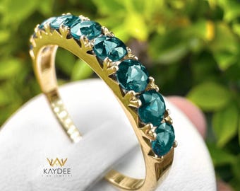 Teal Sapphire Ring 14K Gold 3mm Natural Teal Sapphire 9 Stone Wedding Ring for Women Anniversary Gift for Her