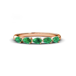 Anel de Esmeralda em Ouro 14K, Aliança de Casamento com 5 Esmeraldas Naturais, Anel de Luxo para Aniversário, Anel Empilhável