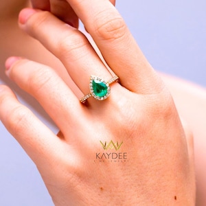 Pear Emerald Engagement Ring - Nature Inspired Unique Fairytale Rose Gold Wedding Ring 10K/14K Gold Wedding Ring for Her