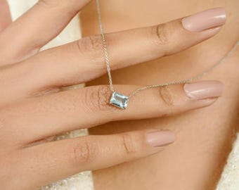 Aquamarine Necklace 14K Solid Gold Octagon Cut Natural Aquamarine Pendant Necklace Adjustable Chain Elegant Jewelry Gift For Her