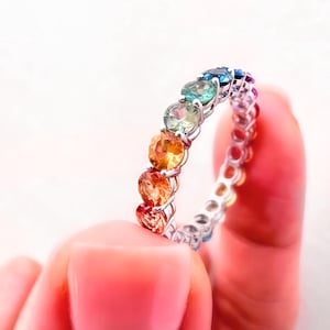 Rainbow Sapphire 3mm Full Eternity Band 14K Solid Gold Multicolor Stackable Ring Minimalist Rainbow Gemstone Wedding Anniversary Band