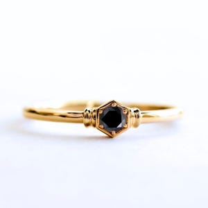 Black Diamond Ring Honeycomb Design 10K/14K Gold Round Diamond Band Minimalist Stacking Ring Unique Gift for Her