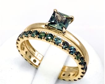 Teal Sapphire Ring Set 14K Gold Teal Sapphire Engagement Ring Set Square Sapphire Ring Wedding Band Set Gift For Her