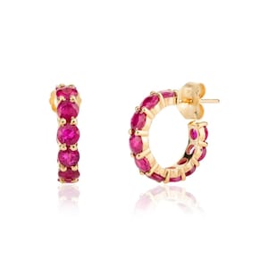 Pendientes de rubí en oro de 14 quilates, 2,5 mm, rubí natural, tipo aro, pendientes de aro, piedra natal de julio, regalo para ella