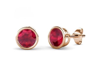 Ruby Stud Earrings 14K Gold Bezel Round Ruby Minimal Gold Earrings for Women Gift For Her
