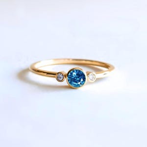 Blue Diamond Ring Three Stone Diamond Band 10K/14K Solid Gold White Diamond Accent Engagement Gift Fine Jewelry for Her