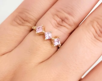 Pink Sapphire Ring 14K Gold Princess Cut Pink Sapphire Flower Diamond Ring Gift for Her