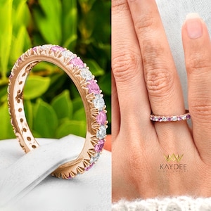 Pink Sapphire & Diamond Eternity Band French Pave Wedding Ring Pink Sapphire Gold Stacking Band Minimalist Anniversary Ring for Her