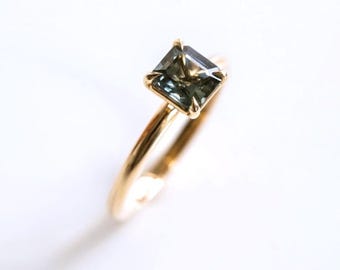 Natural Teal Sapphire Ring 14K Gold Emerald Cut Solitaire Unique Engagement Ring Blue Green Gemstone Jewelry