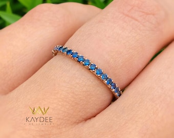 Blue Sapphire Eternity Band 14K Gold Sapphire Wedding Band Stackable Blue Gemstone Anniversary Ring