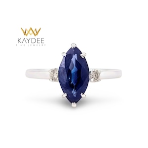 Blue Sapphire Ring 14K Gold Marquise Cut 0.96ct September Birthstone Ring for Women Sapphire and Diamond Ring Dainty Bridal Gift Ring