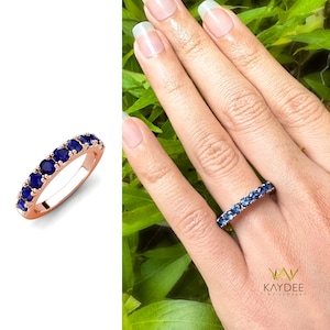 Blue Sapphire Ring 9 Stone Wedding Band 10K Gold Bridal Ring for Her Elegant Royal Sapphire Anniversary Gift Stacking Ring for Women