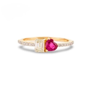 Robijnrode ring 14K gouden hart robijnrode smaragd geslepen diamanten ring met witte saffier voor vrouwen Jubileumcadeau voor haar