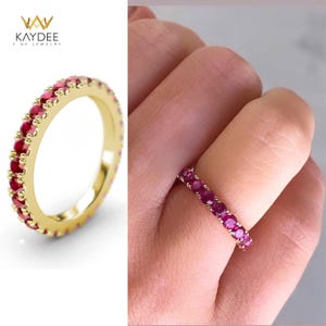Solid 14K Yellow Gold Ruby Ring, Ruby Wedding Band For Women With 2.5mm Stones in Full Eternity, Available in White Gold and Rose Gold