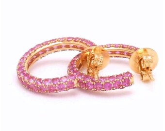 Pink Sapphire Hoop Earrings 14K Gold Natural Pink Sapphire Hoop Earrings Gift for Her Gold Hoops