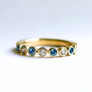 Blue Diamond Ring White Diamond Bezel Eternity Band 14K Gold Stackable Diamond Wedding Band Fine Jewelry Gift for Her